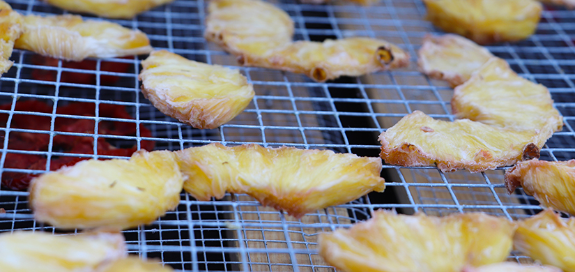 Dried slices of pineapple on wire grid