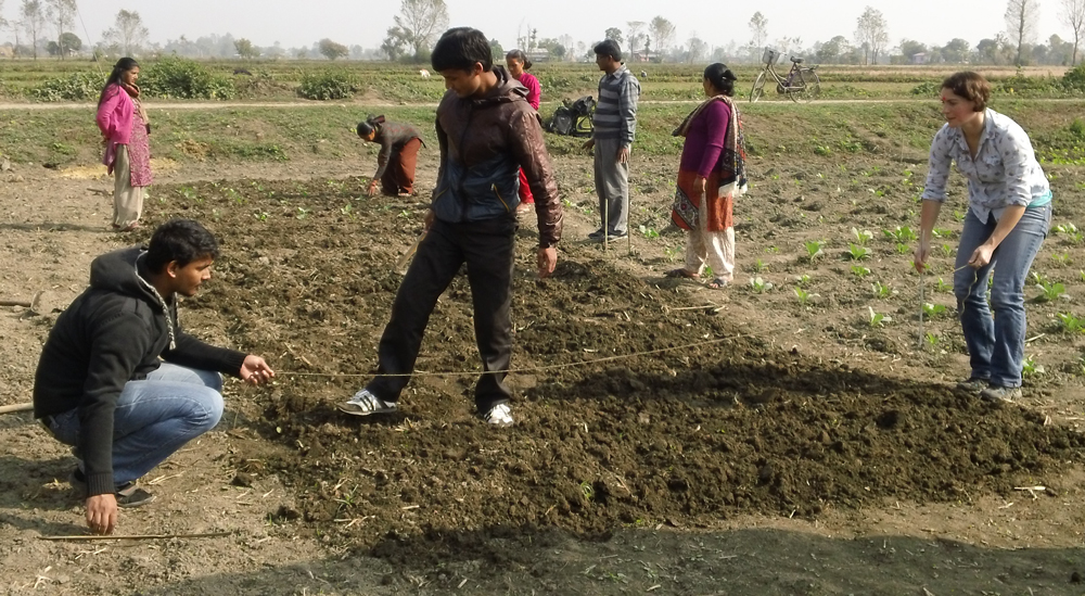 Rachel Suits with Nepali farmers during the Trellis Fund project she worked on as a graduate student.