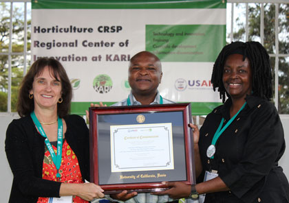 Three people stand smiling holding a framed award in front of a banner that reads "Horticulture CRSP Regional Center of Innovation at KARI"