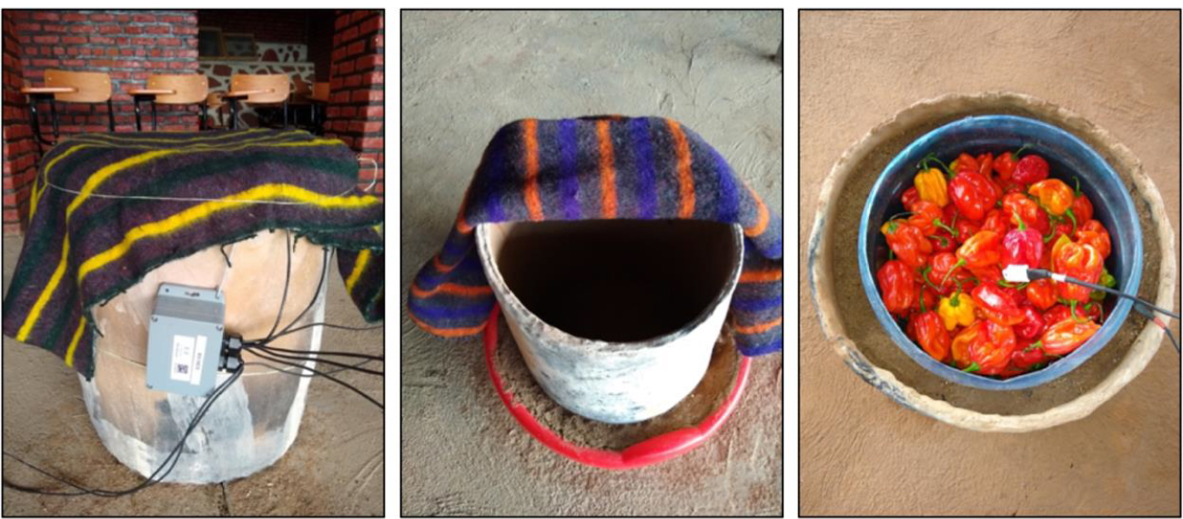 3 photos of clay pot cooler variations - shown covered with a blanked, uncovered, and with peppers inside