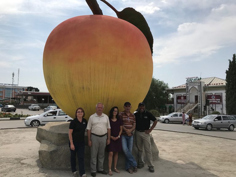 Researchers stands in front of giant apricot statue in a traffic circle in Isfara.