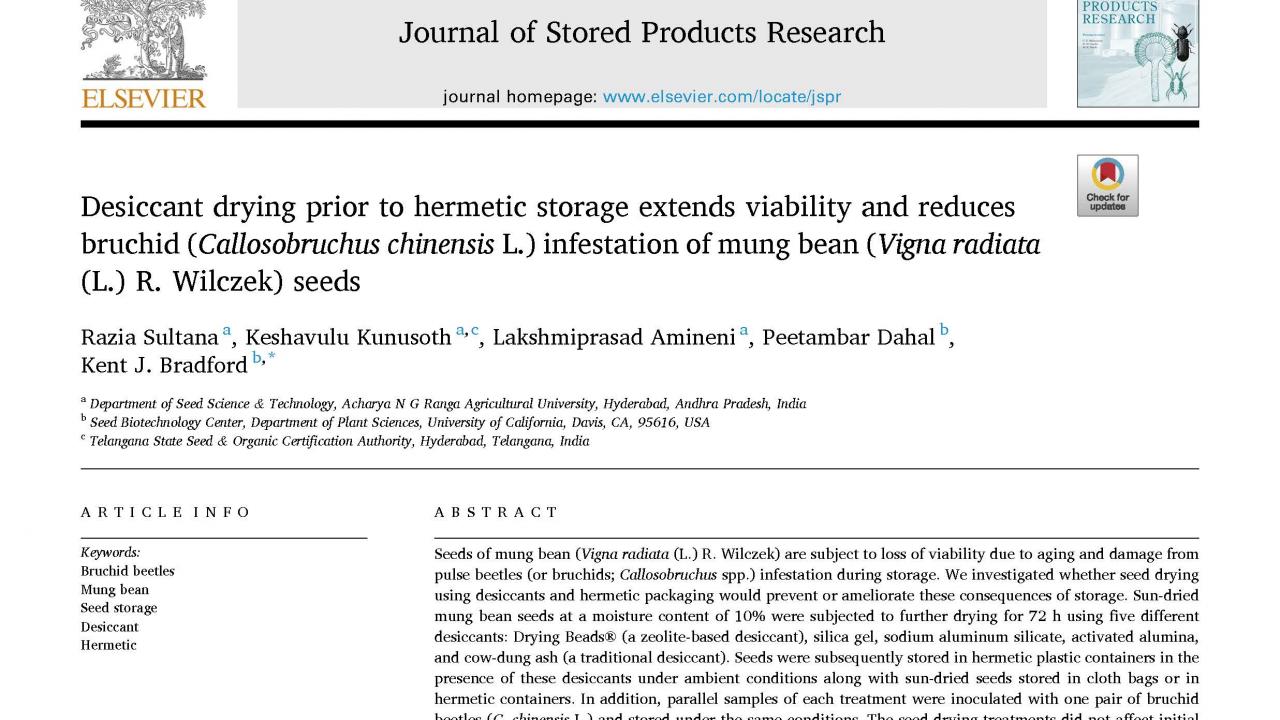  Desiccant drying prior to hermetic storage extends viability and reduces bruchid infestation of mung bean seeds