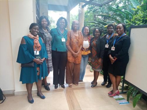 Nairobi, Kenya: Women are taking the lead in horticulture research across the continent. From L-R: Edna Barendse (Finca Verde, Uganda), Dr. Jessica Ndubi (KARLO), Dr. Marie Rerieya (ICED), Dr. Lusike Wasilwa (KARLO), Roberta Blankson (ICED), Dr. Jane Ambuko (University of Nairobi, Dr. Alice Ruto (Ministry of Agriculture), Wambui Mbarire (RETRAK)