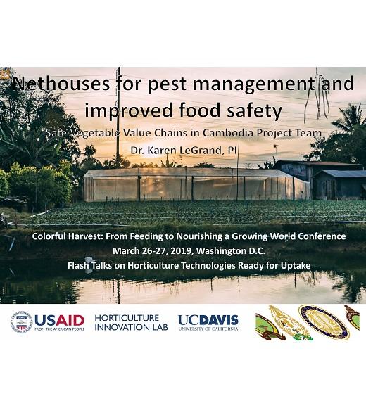 Title slide- image of a nethouse at sunset, with text "nethouses for pest management and improved food safety" and logos for RUA, UBB, USAID, Horticulture Innovation Lab, UC Davis