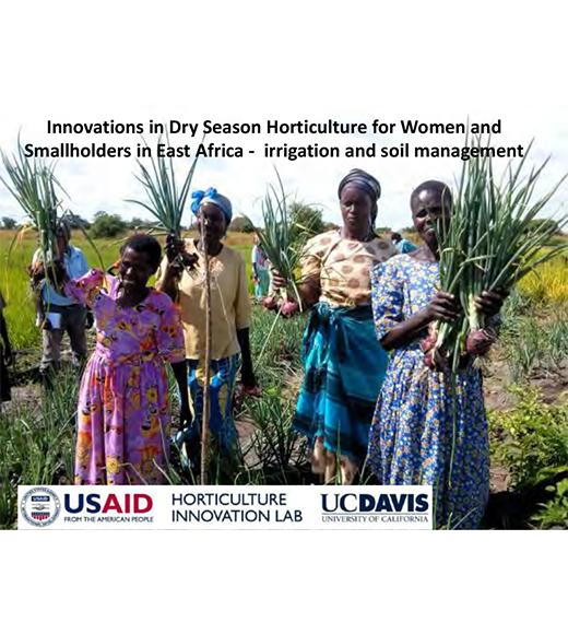 Women farmers with onions - "Innovations in dry season horticulture for women and smallholders in East Africa - irrigation and soil management" title slide