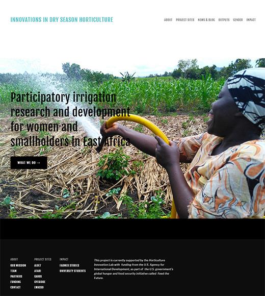 Hort Irrigation homepage screenshot - photo of woman farmer holding hose with words Innovations in Dry Season Horticulture and Participatory Irrigation Research