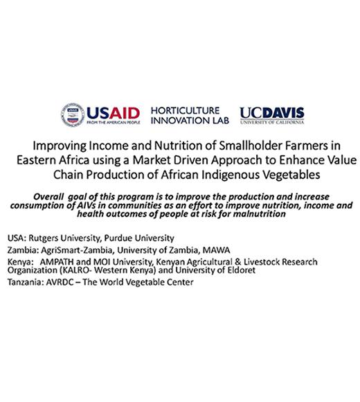 "Improving Income and Nutrition of Smallholder Farmers in Eastern Africa using a Market Driven Approach to Enhance Value Chain Production of African Indigenous Vegetables" title slide