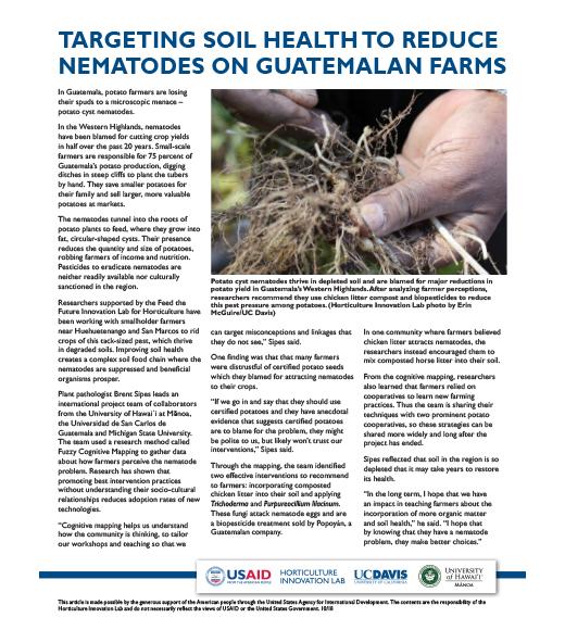 fact sheet- photo of hand holding potato roots, with headline: Targeting soil health to reduce nematodes on Guatemalan farms