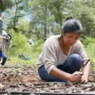 Young women working in garden plot with vegetable seedlings, drip irrigation hose, mulch, and USAID water tank in background