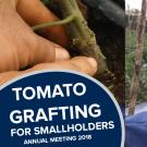"Tomato grafting for smallholders, annual meeting 2018" text over photos of a grafted tomato and speaker, Andrey Vega