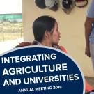 "Integrating agriculture and universities, annual meeting 2018" on a photo of graduate students conducting an interview