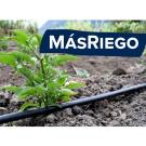 "MasRiego" in front of photo of drip irrigation and small tomato plant