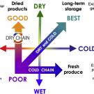 diagram showing fully dried products do not need cold storage if the "dry chain" is maintained, but that cold storage is critical for fresh produce.